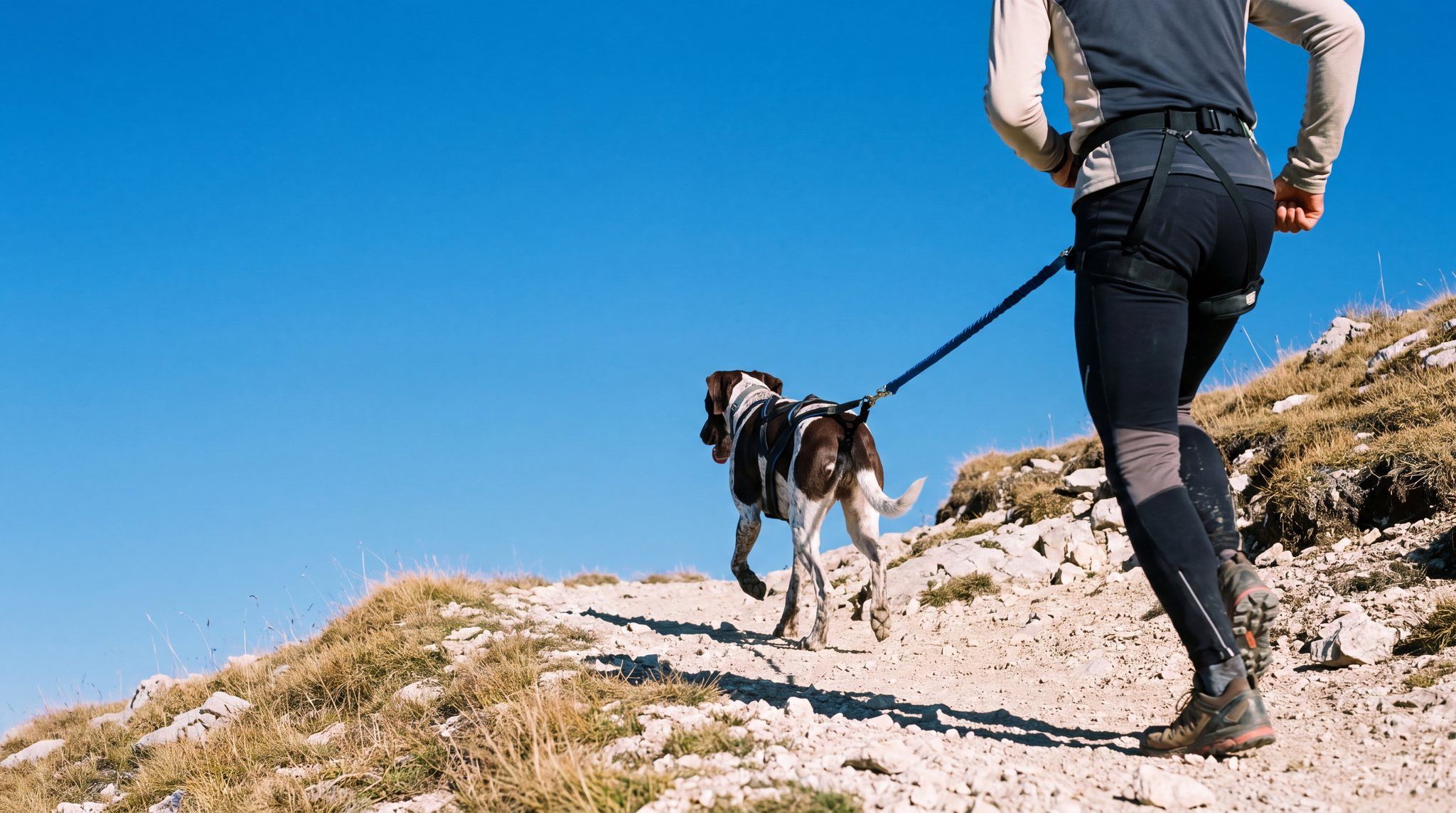 Coureur vu de dos en montée sur un sentier caillouteux, relié par une ligne élastique bleue fixée à sa ceinture à un chien de type braque en harnais, sous un ciel bleu